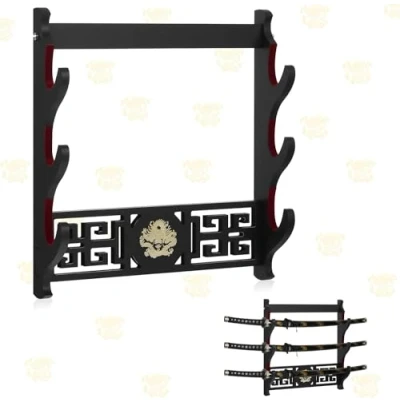 Image of Z fiber Sword Wall Mount Holder Display Stand Padded Katana Wakizashi Genji and Samurai Swords Dragon Pattern,3 Tier