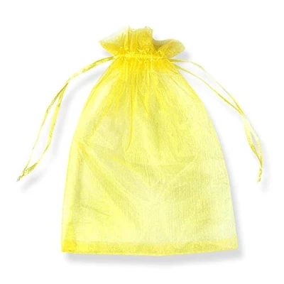 Image of 100 Pcs 10x15cm (4x6 inch) Transparent Organza Drawstring Bags, PLECUPE Pearl Jewelry Pouches Net Yarn Chiffon Wrapping Bags Ribbon Beam Pockets for Wedding Candy Packag Yellow