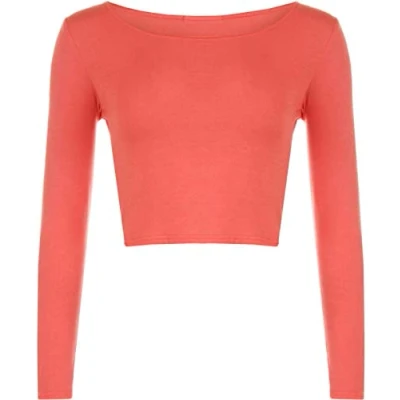 Image of Womens Crop Long Sleeve T Shirt Ladies Short Plain Round Neck Top Fitness Workout Running Shirts Cropped Tops (Coral UK 12 14)