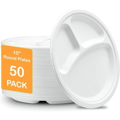 Image of PACK OF 50, 10&quot;/26cm LARGE Strong 3 COMPARTMENT Disposable Plates for HOT &amp; COLD Foods, Ecofriendly Dinner plates, Microwave Safe, Lunch Party