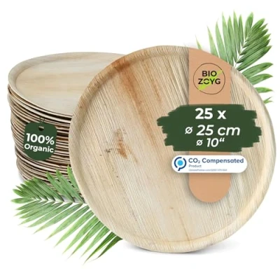Image of BIOZOYG 25x Palm Leaf Pizza Plate Diameter Ø 25 cm Round Disposable Serving Board with Rim, Compostable Sustainable Party Tableware