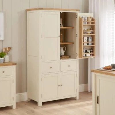 Image of The Furniture Market Marbury Cream Painted Double Kitchen Larder Pantry Cupboard Solid Oak Top, Adjustable Shelves, No Assembly Required, 20 Year Guarantee H 1900 x W 1000 D 550mm