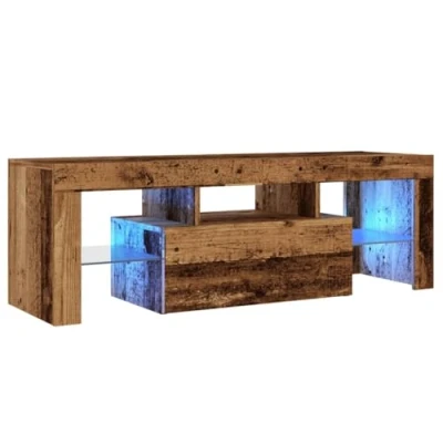 Image of vidaXL TV Cabinet with LED Lights Old Wood Engineered and Glass 120x36.5x40 cm Modern Stand Storage
