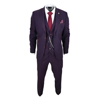 Image of Men&#039;s 3 Piece Suit Wool Tweed Plum Wine Check 1920s Gatsby Formal Dress Suits 36