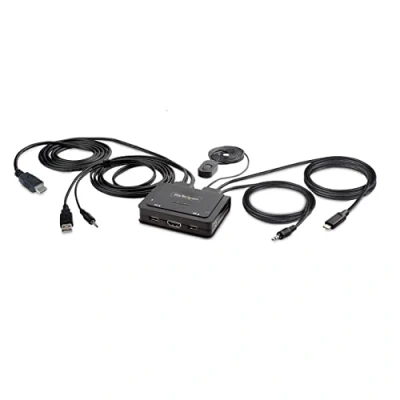 Image of StarTech.com 2 Port Hybrid USB C HDMI Cable KVM Switch, 4K 60Hz, Compact with 6ft/1.8m A/HDMI/Audio &amp; 4ft/1.2m Integrated Cables, Bus Powered, Hotkey Switching (C2 H46 UAC CBL KVM)