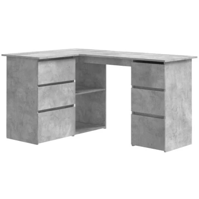 Image of vidaXL Corner Desk with Drawers and Shelves Durable Home Office Furniture Computer Study Table Laptop Workstation Concrete Grey 145cm Chipboard