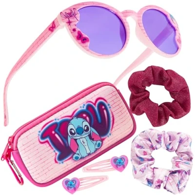 Image of Disney Girls UV Protection Sunglasses, Case and Hair Accessories Set Gifts (Pink Stitch)