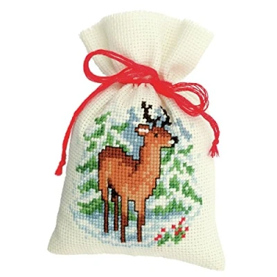 Image of Vervaco Counted Cross Stitch Kit: Pot Pourri Bag: Winter Deer, 100% Cotton, Multi Colour, 8 x 2 12 cm