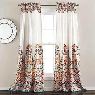 Image of Lush Decor Clara Curtains Paisley Damask Print Bohemian Style Room Darkening Window Panel Set for Living, Dining, Bedroom (Pair), 52&quot; W x 95&quot; L, Turquiose &amp; Tangerine