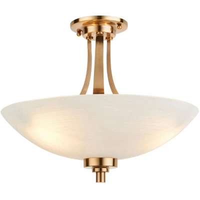Image of Welles Bowl Semi Flush Ceiling Light Brushed Aged Brass Plate, White Glass, 3x E27