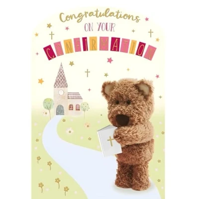 Image of Confirmation Day Congratulations Card For Girls Her Special Finishes Barley Bear Teddy and Church Design Made in the UK Eco Friendly