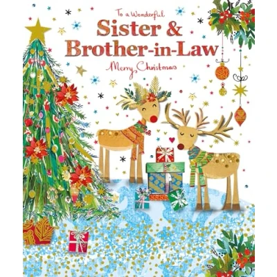 Image of Paper Rose Sister &amp; Brother in Law Christmas Card Reindeer Couple and Tree Artistic Festive Design Special Finish Made the UK Eco Friendly