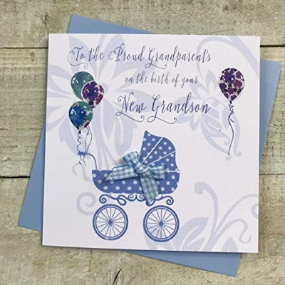 Image of White Cotton Cards to The Proud Grandparents Handmade Baby Card Congratulations New Grandson DT203