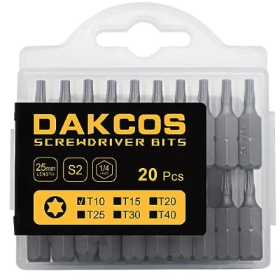 Image of DAKCOS T20 Torx Bit, 20PCS Impact Driver Bits, 1/4&quot; Screwdriver Bit Sets, Premium S2 Alloy Steel 25mm Long