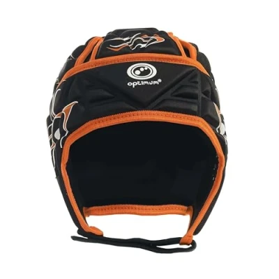 Image of Optimum Unisex Junior Inferno Rugby &amp; Football Headguard Scrum Cap Coverage Breathable, Soft Edged, Lightweight Sports Protective Headgear Black/Orange, Medium