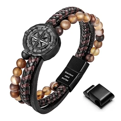 Image of murtoo Bracelets for Men Brown Leather Mens Bracelet Silver Chain Magnetic Clasp Gift Him Viking (Brown Agate, 9&#039;&#039;)