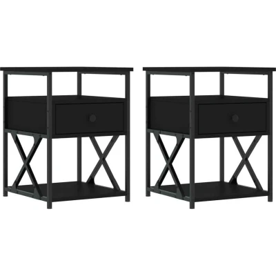 Image of vidaXL Bedside Cabinets with Engineered Wood and Iron Frame Black, Compact Design Ample Storage, 40x42x55 cm, Set of 2
