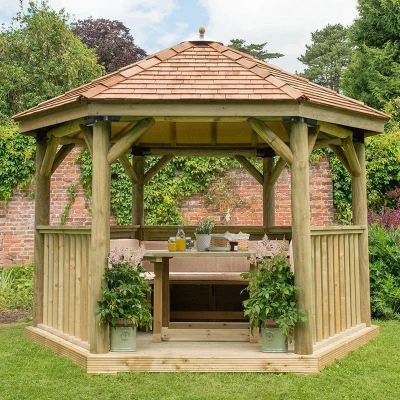 Image of 12&#039;x10&#039; (3.6x3.1m) Luxury Wooden Furnished Garden Gazebo with New England Cedar Roof Seats up to 10 people