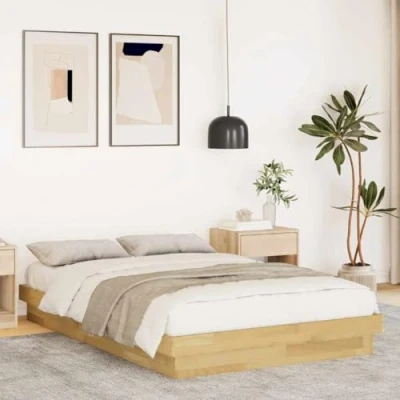 Image of vidaXL solid oak wood bed frame 120x200 cm modern brown wooden double for bedroom with slatted base space saving floor bed, no mattress