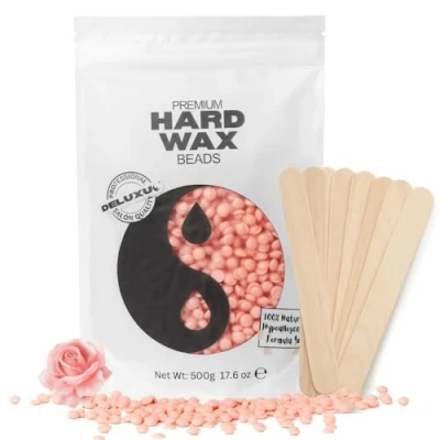 Image of DELUXUS Hard Wax Beads 500g, Natural Stripless Beans with 10 Applicators, for Face, Upper Lip, Legs, Armpit, Eye Brow Full Body Hair Removal. (Rose)