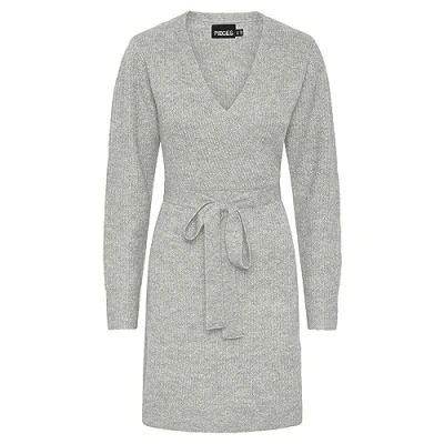 Image of PIECES Women&#039;s Pcellen Ls Wrap Knit Dress Noos Bc, Light Grey Mix, XL