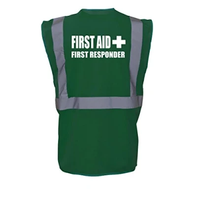 Image of Workwear World Executive Paramedic Green Hi Viz Enhanced Visibility &#039;First AID First Responder&#039; Print Full Zip Vest Waistcoat (3XL)