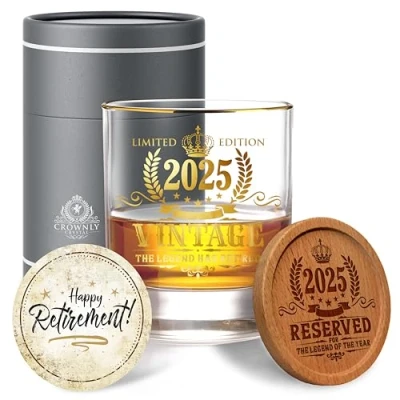Image of CROWNLY CRYSTAL® 2025 Retirement Gifts for Men Personalised Decorations Whiskey Glass Grandad Presents Older Gift Ideas Him