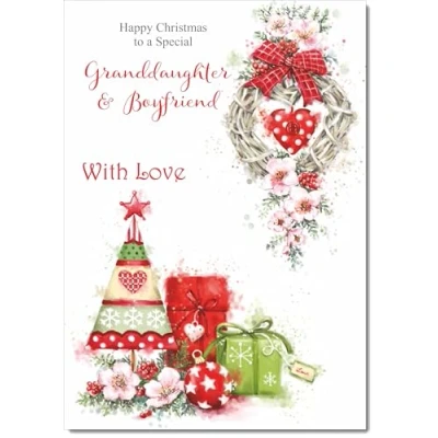 Image of doodlecards Granddaughter &amp; Boyfriend Christmas Card Heart Decorations Medium Size with Plain Envelope