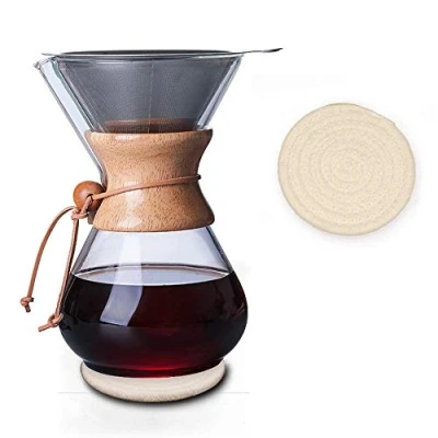 Image of QLESHINING Wood Neck Pour Over Coffee Maker with Reusable Stainless Steel Filter and Coaster Pad, 800 ml Borosilicate Glass Carafe, Wooden Collar, Dripper Brewer, Hold 4 Cups