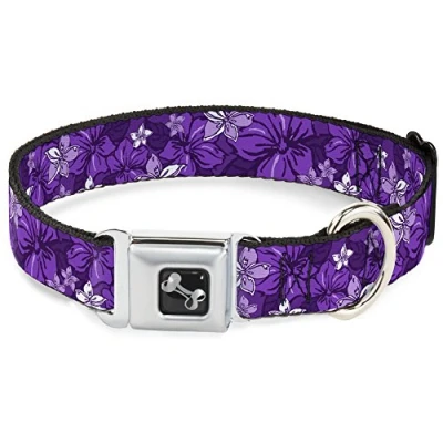 Image of Buckle Down Dog Collar Seatbelt Hibiscus Collage Purple Shades 11 to 17 Inches 1.0 Inch Wide