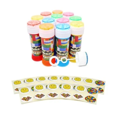 Image of Anila&#039;s Themed Bubble Tubs with Wand &amp; Stickers for Party Bag Fillers and Favours Children 12 Bricks Individual Stickers. (Ideal Aged 3 8)