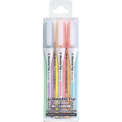 Image of KOKUYO Beetle Tip Dual Color Highlighter, Fluorescent Markers, Soft Colors Set, Japan Import (PM L313 3S)
