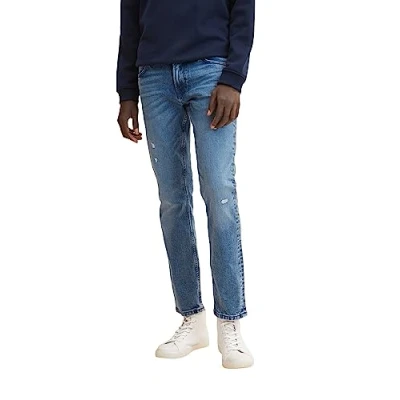 Image of Tom Tailor Denim Men&#039;s 202212 Piers Slim Jeans, 10122 Destroyed Light Stone Blue Denim, 28W / 32L
