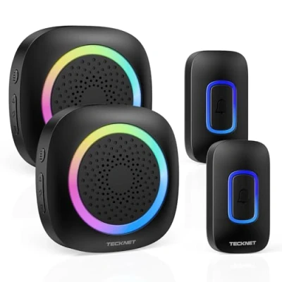 Image of TECKNET Wireless Doorbell, Battery Powered Doorbell with RGB Light, IP66 Waterproof Portable Cordless Door Chime Kit, 400 Meter Range, 60 Chimes &amp; 5 Level Volume 4.5 Year Life