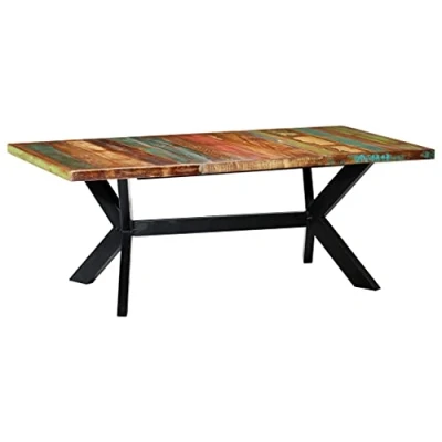 Image of vidaXL Rectangular Dining Table Industrial Style Furniture with Robust Steel Legs and Solid Reclaimed Wood Top Bold Multicoloured Centerpiece for Kitchen or Room