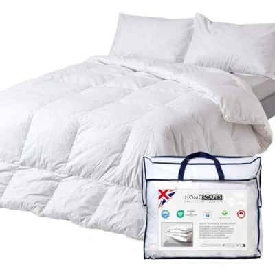 Image of HOMESCAPES White Duck Feather &amp; Down 15 Tog Single Duvet 100% Cotton Anti Dust Mite Proof Fabric allergen Washable at Home RDS Certified Luxury Winter Quilt