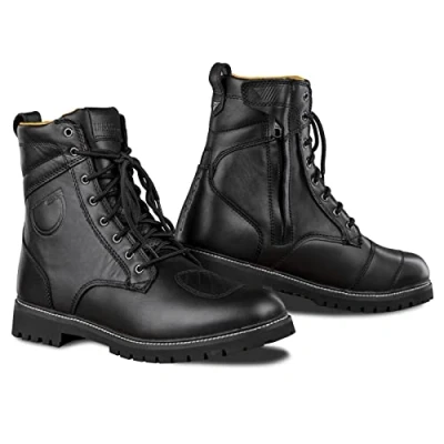 Image of SHIMA THOMSON, Motorbike Boots for Men Reinforced Leather Mens Biker with Side Zipper, Ankle Support, Anti Slip Sole, Gear Shift Handle (Black, 9)