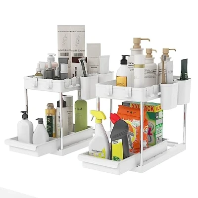 Image of Mondeer Under Sink Storage, 2 Tier Organizer Rack with 4 Hooks and Hanging Cups, for Office Kitchen Bathroom, W22 x D40.7 H32.5cm, PCs, White
