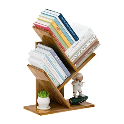 Image of ZRWD Tree Bookshelf, 3 Tier Small Book Storage Organizer Shelves Floor Standing Bookcase, Wood Rack for Office Home School Shelf Display Cd/Magazine(Rustic Brown)