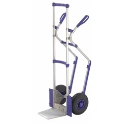 Image of High Back Sack Truck with Skids; Pneumatic Wheels; 100kg; Silver/Blue