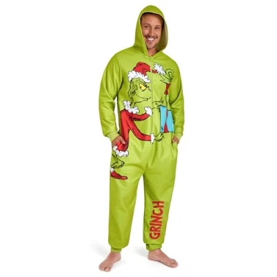 Image of The Grinch Mens Fleece Onesie with Hood, Loungewear Funny Gifts for Him (Green, M)