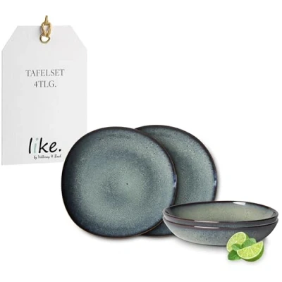 Image of like. by Villeroy &amp; Boch Lave earthenware tableware set, 4 pces., pottery look, dinnerware for 2 people, grey