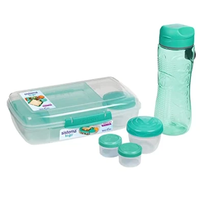 Image of Sistema To Go Lunch Box &amp; Meal Containers with Water Bottle (800ml), Bento (1.76L), 2 Dressing Pots Yoghurt BPA Free 6 Count