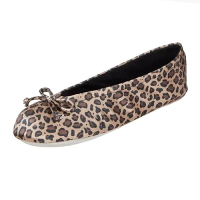 Image of isotoner Women&#039;s Satin Ballerina Slipper, Suede Sole Flat Sandals, Cheetah Soft Tie Bow, 3/4 UK