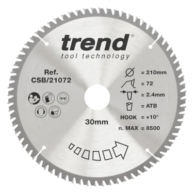 Image of Trend Wood Circular Saw Blade, 210mm Diameter, 30mm Bore, 72 Teeth, TCT, 2.4mm Kerf, +15 Hook, CSB/21072