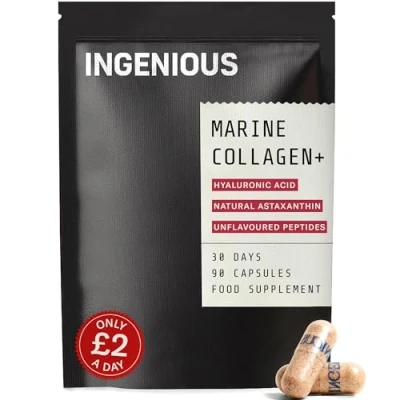 Image of INGENIOUS Marine Collagen Capsules Collagen+ Clinically Proven 30 Day Supply Hydrolysed Peptides Hyaluronic Acid Supplement Reduce Fine Lines &amp; Wrinkles Natural Astaxanthin
