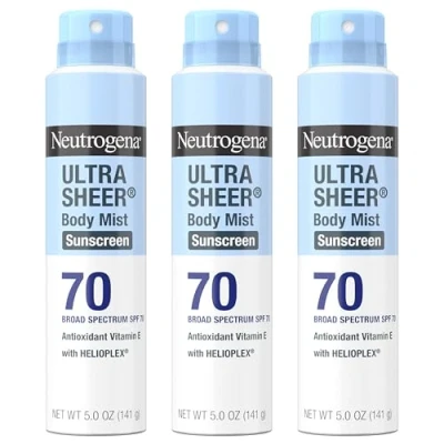 Image of Neutrogena Ultra Sheer Body Mist Sunscreen Spray Broad Spectrum SPF 70, Lightweight, Non Greasy &amp; Water Resistant, Oil Free Comedogenic UVA/UVB Mist, 5 oz (Pack of 3)