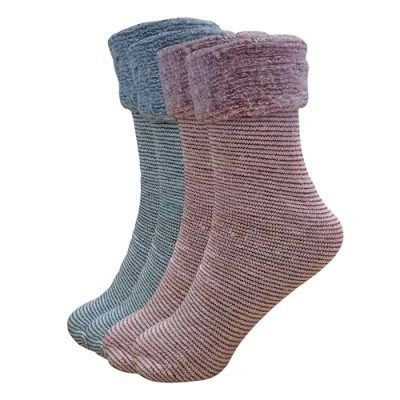 Image of ShopMCR Women’s Fluffy Thermal Bed Socks Extra Warm &amp; Super Soft Cosy Fleece Lined for Cold Evenings UK 4 7 Assorted Colours (2 Pairs, Striped Blue/Pink)