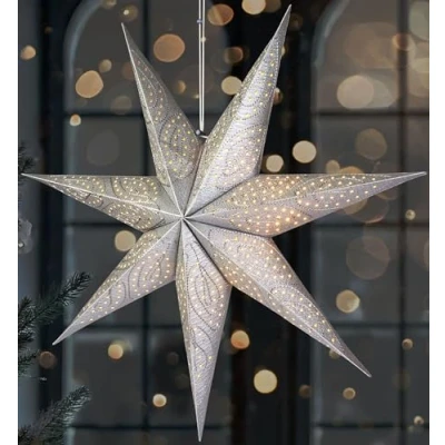 Image of BRUBAKER 23.6 inches (60 cm) Paper Christmas Star for Hanging LED Advent Decoration and Windows 3D with Timer Function Light Illuminable Battery Silver