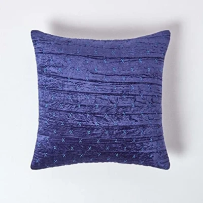 Image of HOMESCAPES Navy Blue 55 x 55cm Large Crushed Velvet Cushion Cover with Embroidered Design Super Soft Dark Decorative Square Scatter Throw Pillow for Sofa or Bed Zip Closure